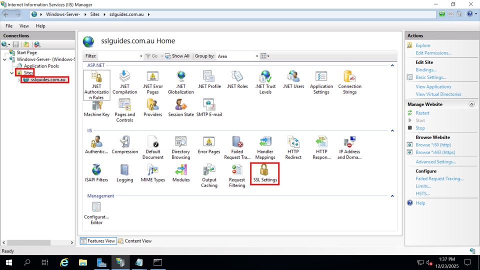 IIS Site SSL Settings